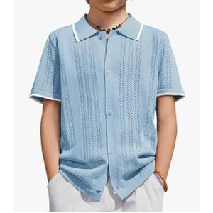 Arshiner Boys Button Down Shirt Short Sleeve Knit Shirt Summer Vintage Fashion Casual Beach Shirts for Kids Size 9-10