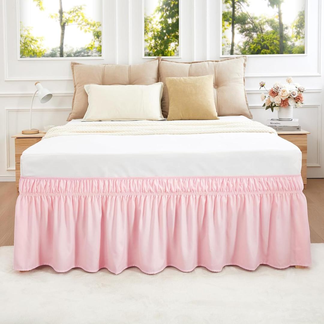 Vocander Pink Bed Skirt Queen Size 14 Inch Drop, Elastic Wrap Around Dust Ruffle Bed Skirting Easy to Put, Adjustable Tailored Bedskirts Fade & Wrinkle Resistant