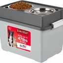 IRIS USA Elevated Dog Bowls, 15" H Raised Bowl for Large Dogs, Airtight Pet Food Storage Holds Up to 47 Lbs, 2 Removable 64 oz Stainless Steel Bowls, at Home or Camping, Dark Gray