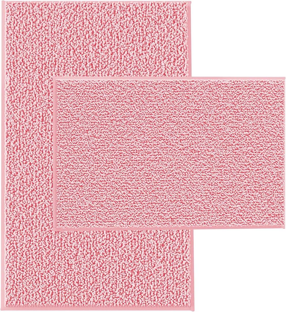 Pink Bathroom Rugs Chenille Bath Mat Set 2-Piece Bath Rugs for Bathroom Extra Soft Bath Mats for Bathoom Non Slip Absorbent Shag Bathoom Carpet