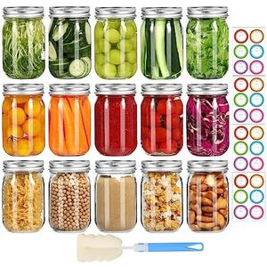 Glass Mason Jars with Lids and Bands 16 oz - 15 Pack Regular Mouth Canning Jars for Food Storage, Pickling, Meal Prep, Overnight Oats, Dry Food & DIY Crafts - Includes 24 Stickers & Brush