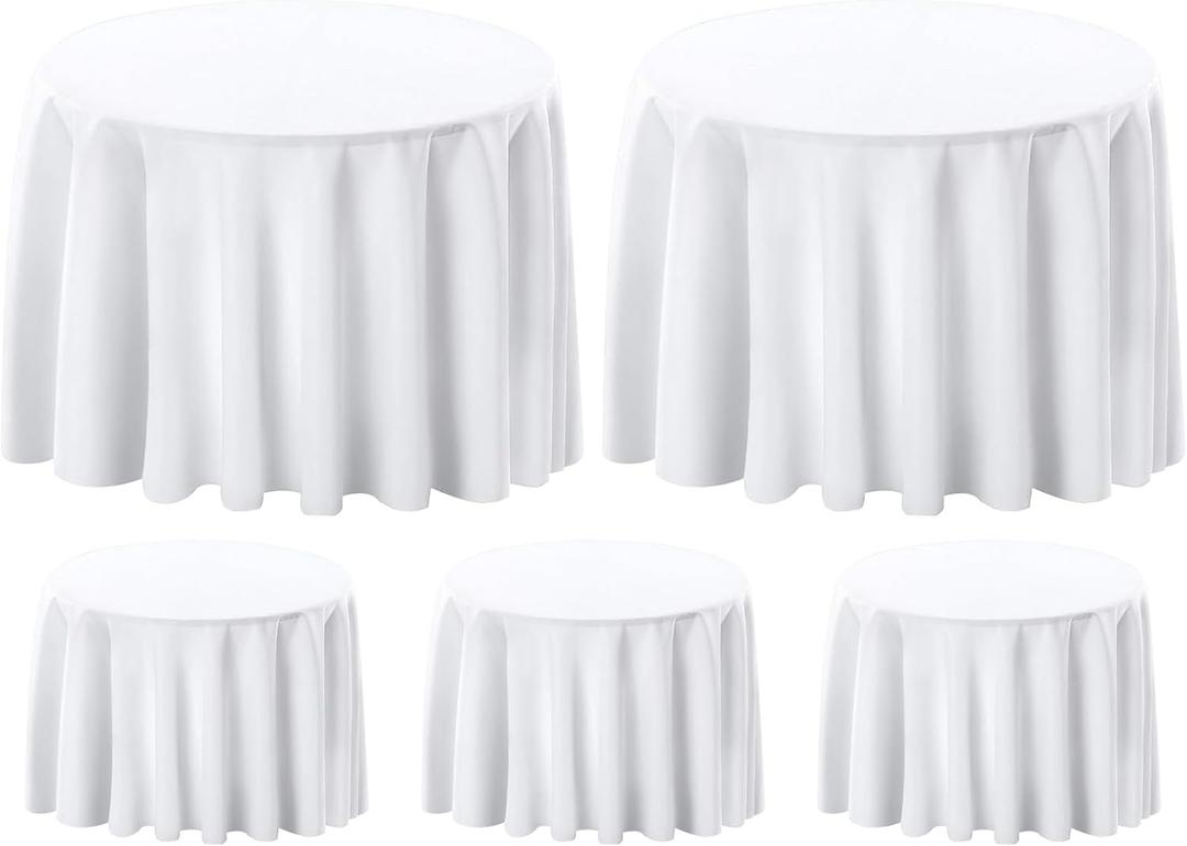 Surmente 5 Pack White Tablecloth for Round Tables, 132-inch Round Table Cloths for Weddings, Banquets, or Restaurants (132 Round, 5 Pack, White)