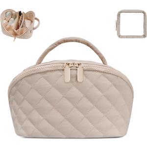 Makeup Bag,Quilted Puffer Cosmetic Bag for Women, 180 Lay-Flat Travel Make up Bag, Waterproof Large Capacity Toiletry Bag with Sturdy Zippers, Portable Makeup Organizer for Travel & Daily Use (EXP 11/24/32)