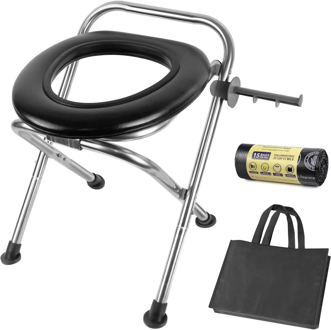 Portable Toilet for Camping, 350LB Capacity Stainless Steel Folding Toilet with Soft Seat & Bags, Collapsible Design for RV, Hiking, Road Trips, Boating, Outdoor