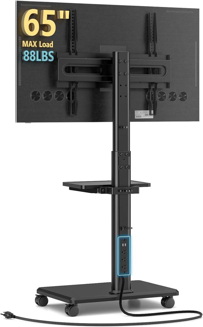 AX WABER Mobile TV Stand with Power Outlets&Shelf, Floor Portable TV Stand with Wheels for 27-65Inch LCD LED OLED Flat/Curved Panel Screen, Swivel,Height Adjustable&Wood Base, RollingTV Cart Black