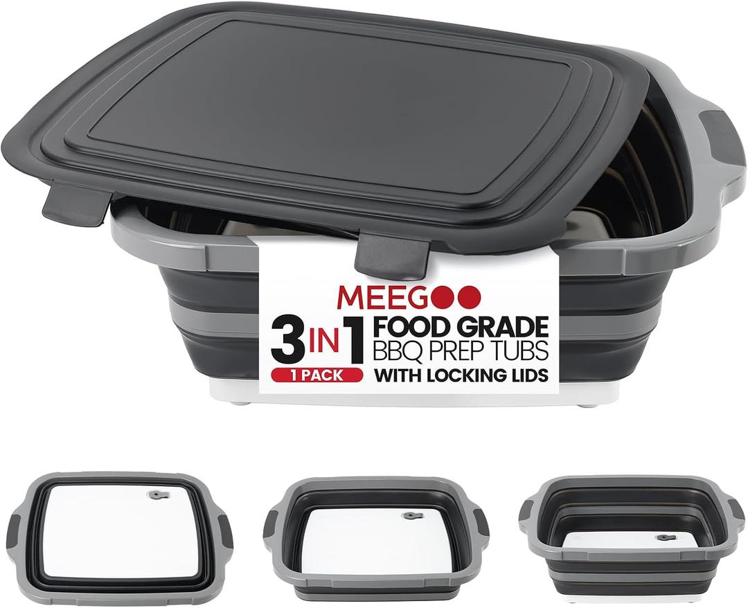 BBQ Prep Tub 3-IN-1 Large 16L Collapsible Cutting Board with Locking Lid for Meal Prep Marinating Food, Camping Sink with Colander, Dish Basin, Storage Blanket for Camping Picnic BBQ, Black