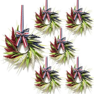 6 Pcs Small 4th of July Hanging Wreaths for Cabinets Patriotic Red White Blue Artificial Ear of Wheat Ring Small Pillar Candle Holder Wreath for Independence Day Memorial Day Porch Front Door