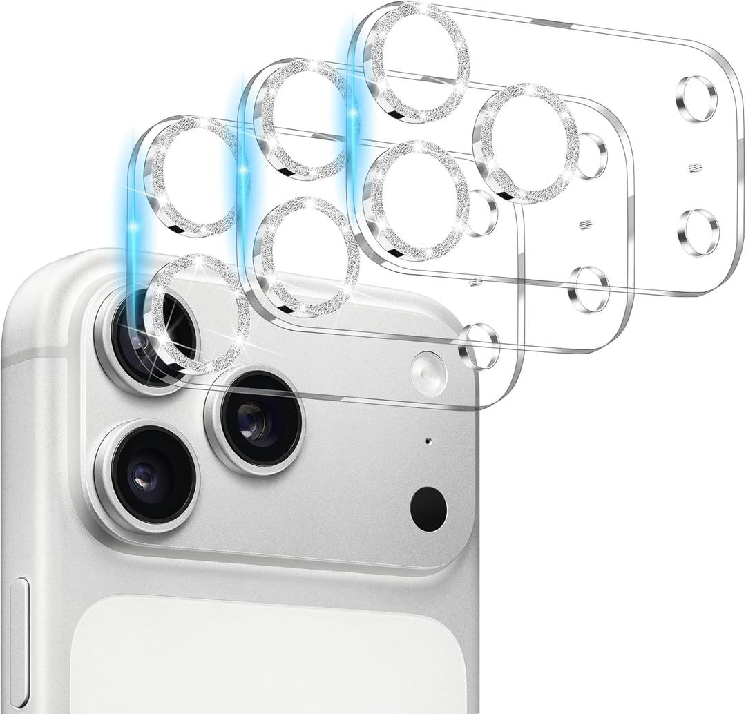 3 Pack Camera Lens Protector for iPhone 17 Pro Max, Tempered Glass, Ultra HD, 9H Hardness, Anti-Scratch, Case Friendly,[No Affect on Night Shots], Glitter Silver