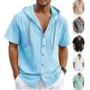Chicaressence Linen Shirts for Men, Casual Button Down Shirt Men, Cotton Linen Hooded Short Sleeve Shirt in Beach Summer (US, Alpha, Large, Regular, Regular, Blue(Short Sleeve))