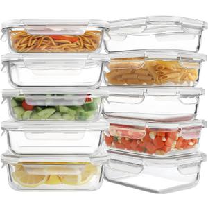 HOMBERKING 10 Pack 22oz Glass Meal Prep Containers, Glass Food Storage Containers with Lids, Airtight Glass Lunch Bento Boxes, BPA-Free & Leak Proof (10 lids & 10 Containers) - White
