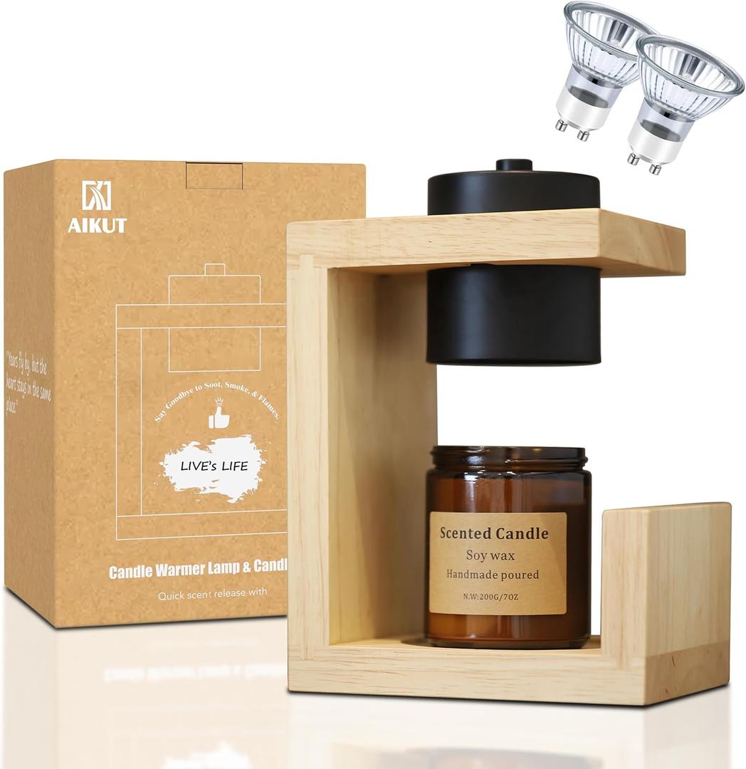 Candle Warmer Lamp, with 2 Bulbs,Timer & Dimmer,Simple Natural Wood,Compatible Up to 4.5 inch Candles,for Home Scented and Dcor110-120V (Wood)