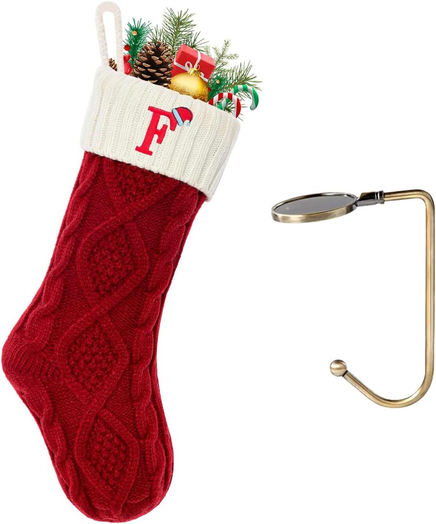 Christmas Stockings with Initials, Letter F Embroidered Xmas Stockings, 18" Large Monogram Knitted Xmas Stocking, Christmas Party Fireplace Family Hanging Stocking Decorations,1 Pcs, Red-White