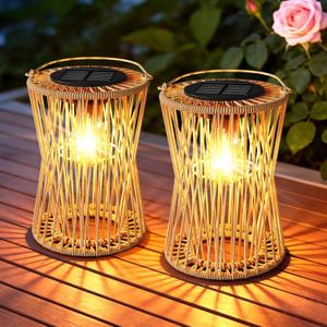 Solar Lanterns Outdoor Waterproof 2 Pack, Upgraded Rattan Hanging Solar Lights for Outside with Handle, Bright Auto On/Off Decorative Outdoor Lanterns for Patio Garden Yard Porch, Gifts for Mom