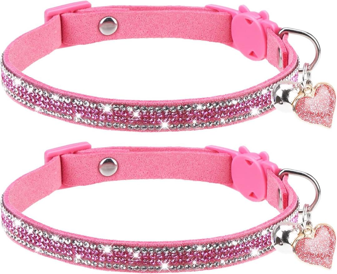 Rhinestone Cat Collar Breakaway with Bell Safety Buckle, 2 Pack Bling Diamond Kitten Collar for Gril Cats, Soft Velvet Female Cat Collars Adjustable 8-12 Inch, Pink
