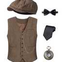 Kids 1920s Costume for Boys Vest Hat Accessories Set Party Cosplay 10-11 Years Dark Brown