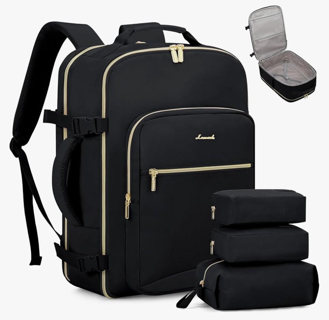 LOVEVOOK Travel Backpack for Women & Men 40L,Airline Approved Carry On Backpack Travel Essentials,TSA Carry on Luggage,Waterproof Personal Item Travel Bag,Suitcase with 3 Packing Cubes,Black-Black