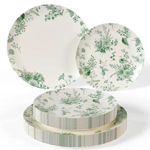 Trendables 40 Piece Plastic Disposable Plates Set For 40 Guests I 40 X 8 Inch Dessert Plates & 40 X 10 Inch Wedding Party Plates | Ivory & Green Verdure Design