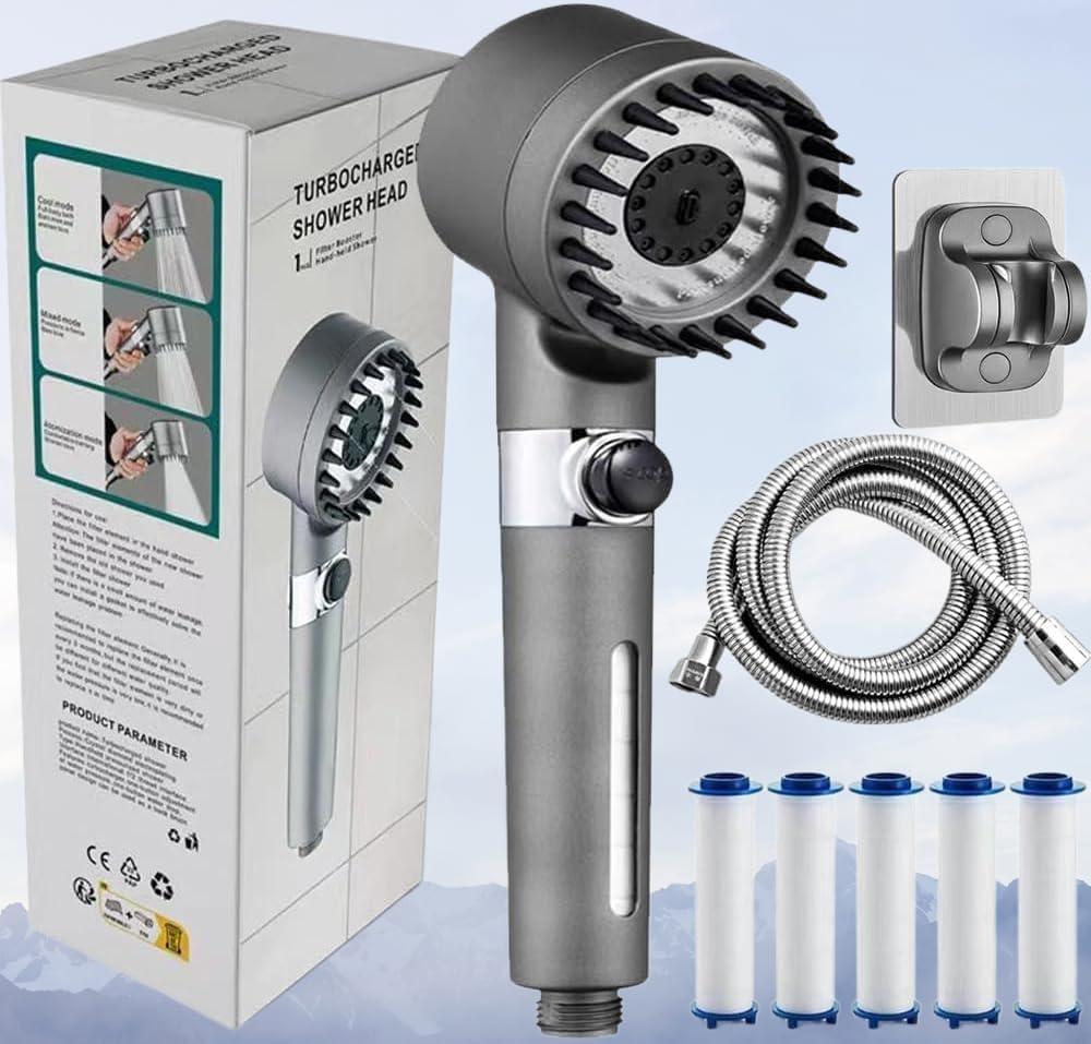 Ion Shower Drops Head Filtered Showerhead With Five Filters,Filtered Shower Head With Handheld,High Pressure Turbo Showerhead,Reusable,Adjustable Settings With Hose 4-piece set Very good