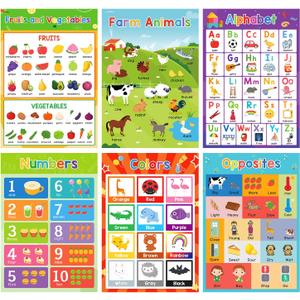 Lilias Alphabet/Numbers/Colors/Fruits and Vegetables/Farm Animals/Opposites 6 Themes/Set Educational Posters for Toddlers Kindergarten Nursery Classroom Supplies Decorations A3 Size 11.34X16.45 Inch