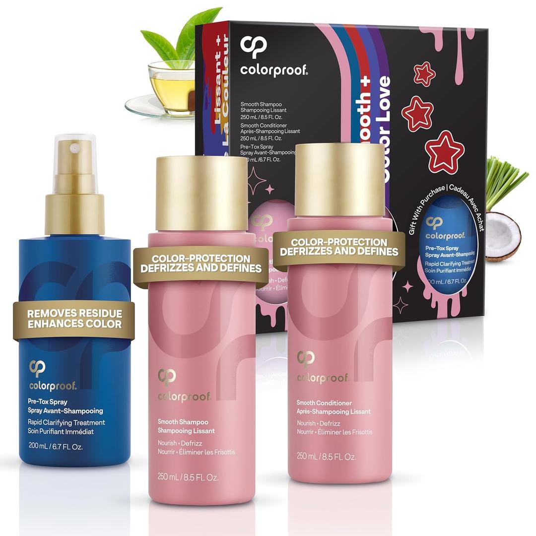 ColorProof Smooth Gift Set  Smooth Shampoo and Conditioner (8.5 Fl. Oz.) with Pre-Tox Spray (6.7 Fl. Oz.)  Color Safe Shampoo and Conditioner Set for Frizz-Prone, Color-Treated Hair