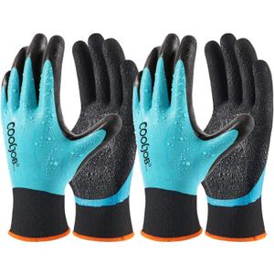 COOLJOB Waterproof Gardening Work Gloves with grip for Women & Men, Double Rubber Coated for Garden Yard Outdoor Construction Worker, Blue Small Size 2 Pairs (No Fleece/Blue)