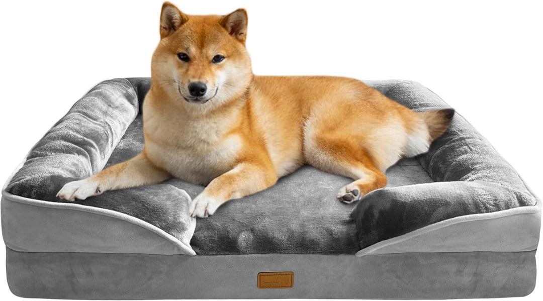 Spotted Play Orthopedic Dog Bed with Sides - Dog Sofa Beds for Large Dogs, Supportive Foam Pet Couch Bed with Washable Removable Cover, Waterproof Lining and Non-Slip Bottom, Grey - L