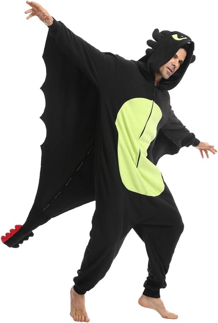 Laahoem Animal Black Dragon Pajamas Zipper Unisex Adult Hooded Men Women Jumpsuit Costume Cosplay Sleepwear (Medium)