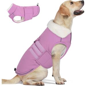 Mklhgty Extra Warm Dog Coat, Waterproof Dog Winter Jacket with Leash Portal, Fleece Reflective Pet Snow Vest for Dogs - Lilac - M