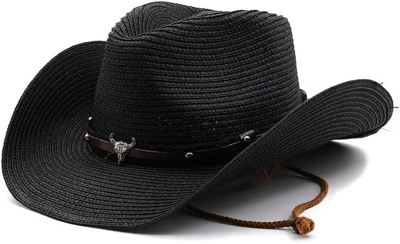 Straw Cowboy Hats Straw Cowgirl Hat for Women Men Wide with Shapeable Wide Brim Foldable Vacation Beach Sun Hat (One Size, Black)