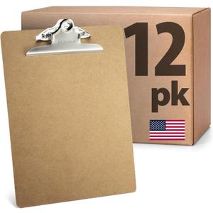 Officemate Recycled Wood Clipboards, Letter Size, 12-Pack with 6 Rust-Resistant Clips, Durable Hardboard Writing Surface, Made in USA, 9" x 12.5" (83712)