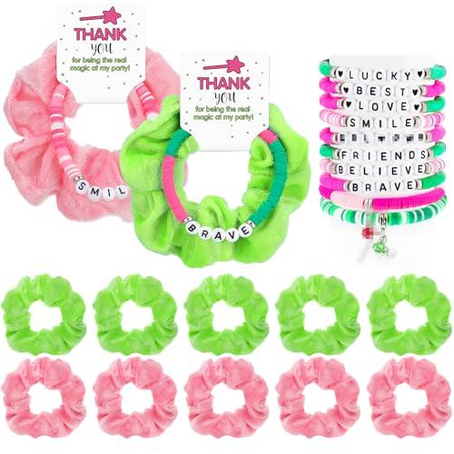 FineCheer 10 Sets Green and Pink Witch Gift for Girls Friendship Magic Bracelet and Scrunchie Bulk for Teen Themed Birthday Party Inspirational Thank You Gifts(Witch Theme)