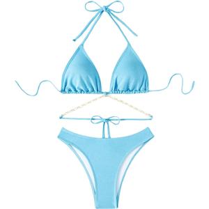 COZYEASE Women's 2 Piece Bikini Set Triangle Halter Tie Back Bathing Suit Set Shell Backless High Cut Swimsuit (Blue, L)