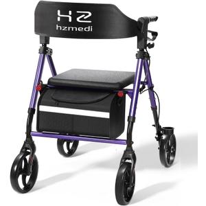 Walkers for Seniors, Foldable Rollator Walker with Durable Aluminum, Dual Adjustable Height Medical Rolling Walker 8" Wheels for All Terrain, Transport Chair with Seat and Backrest, Purple