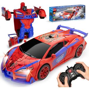 Qumcou Spider Toys for Boys 4-6, Remote Control Car, One-Button Transform Superhero Toys, 2.4Ghz RC Cars, 360 Spin,1:16 Scale, Shinning Red and Blue Light, Super Hero Toy Cars for Boys 3-8