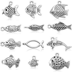 60 Pieces Fish Charms for Jewelry Making - Antiqued Silver Alloy Pendants in 12 Styles - Assorted Charms for DIY Craft Summer Bracelet Necklace Earring