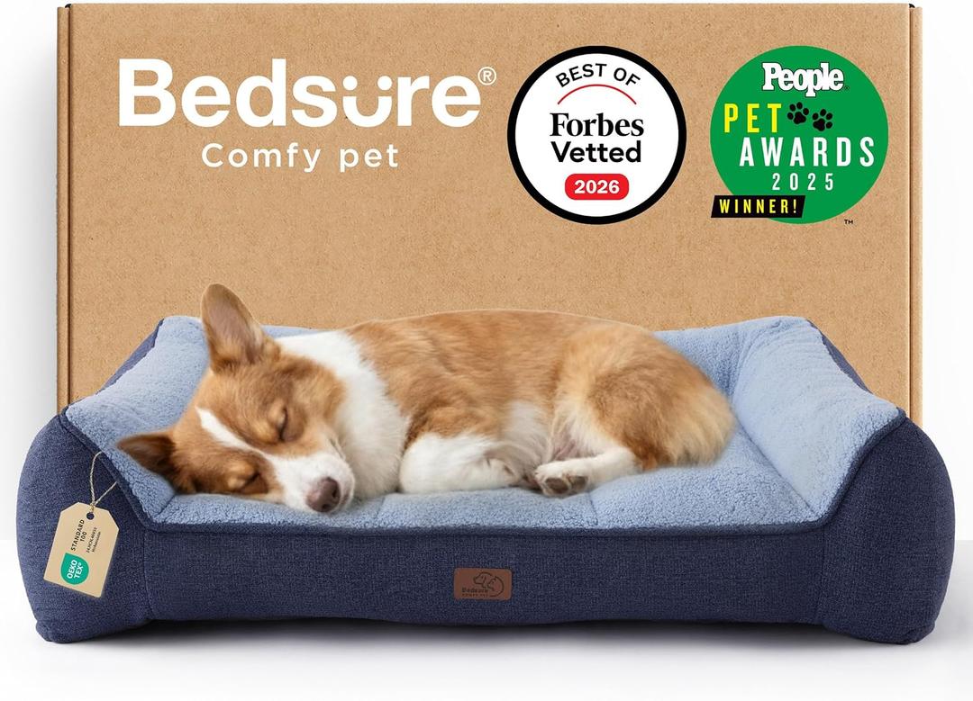 Bedsure SupportMax™ Orthopedic Dog Bed Medium Size Dog - Extra Thick Supportive Medium Dogs Beds with Waterproof Washable Cover, Comfort Pet Bed Sofa with Soft Sherpa and Nonskid Bottom, Blue, 35"