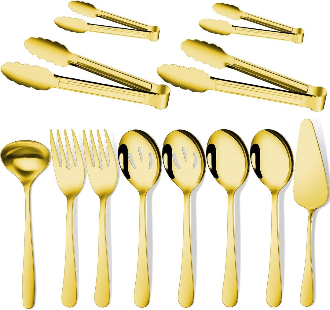 Gisly Gold 12 Pieces Serving Utensils Include Large Serving Spoons,Slotted Serving Spoons,Serving Forks,Serving Tongs,Appetizers Tongs,Soup Ladle and Pie Cake Server for Buffet Catering