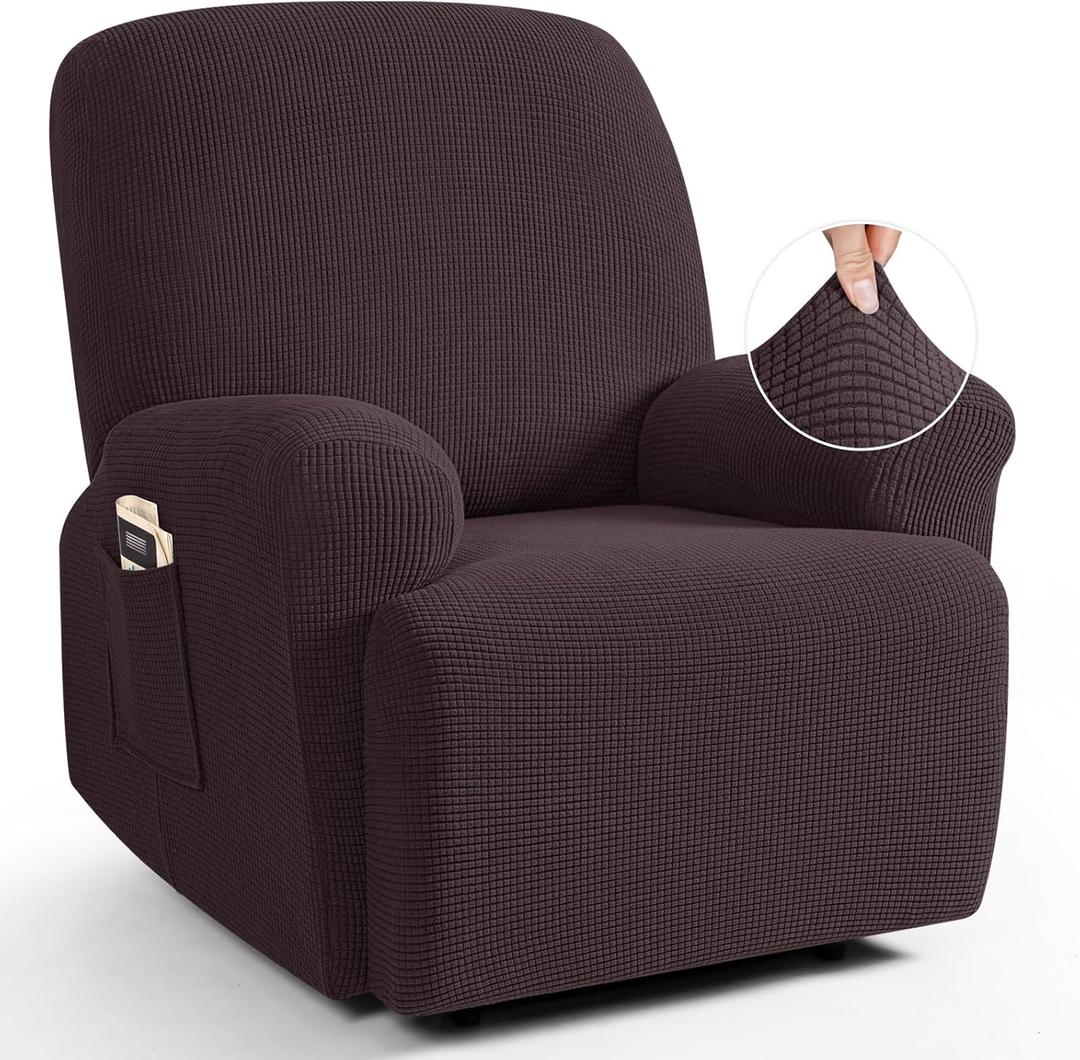 TAOCOCO Recliner Cover 4-Pieces, Recliner Stretch Sofa Slipcover, Recliner Cover 1 Seat, Couch Protector Soft, Furniture Protector Covers with Elastic,Chair Covers Jacquard Pattern (Chocolate)