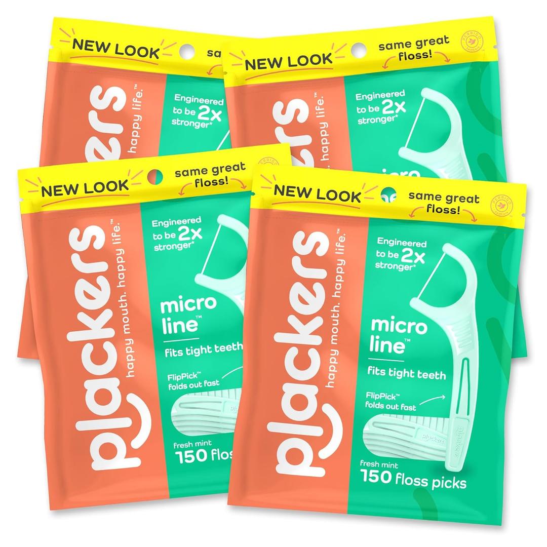 4 x Plackers Micro Mint Dental Flossers, Fold-Out Toothpick, Super Tuffloss, Easy Storage with Sure-Zip Seal, Fresh Mint Flavor, 150 Count (Pack of 4)