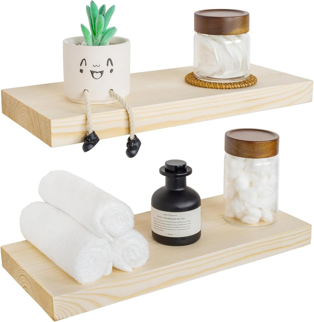 BGMG Wood Floating Shelves for wall 18 inch, Rustic Wooden Wall Mount Shelves for Bathroom Living Room Bedroom Kitchen Farmhouse Set of 2-18x 6.7 x1.25 inch- DIY-Unfinished