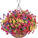 Artificial Hanging Flowers for Outdoors, UV Resistant Silk Flowers Basket Mixed Color Faux Daisy with Eucalyptus Leaves Hanging Fake Plants for Porch Balcony Patio Home Spring Summer Decoration