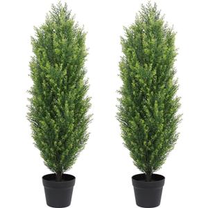 THE BLOOM TIMES 3ft Tall Topiary Trees Artificial Outdoor, UV Resistant Faux Cedar Pine Cypress Bushes Shrubs, 3 Foot Fake Potted Plants for Front Porch Outside Planter Patio Christmas Decor, Set of 2 (Yellow Green)