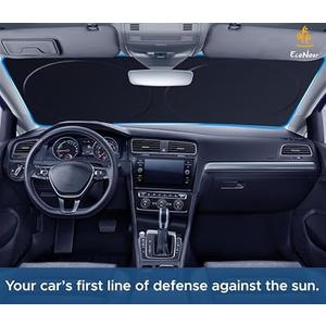 EcoNour Patented Design Car Windshield Sun Shade | Blocks 99% Heat & Keeps Interior Cool | Fits Cars, SUVs, Trucks | Automotive Sun Screen, Visor & Car Accessories for Summer | Medium (64x32 Inches) Black