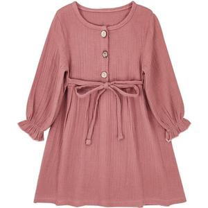 Toddler Baby Girl Cotton Linen Dress Long Sleeve Crew Neck Dresses Button Down Dresses Casual Spring Fall Dress (3-4T, Pink)