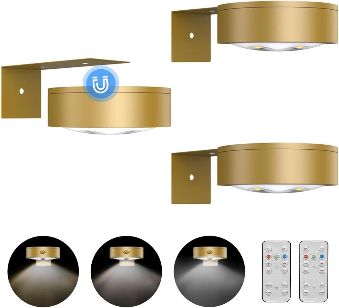 3Pack Picture Light Battery Operated Painting Lights for Wall Wireless Magnetic Display Art Light with Remote Control,Dimmable&Timer Portrait Light for Art Frame Artworking,Wall Decor Puck Lights-Gold
