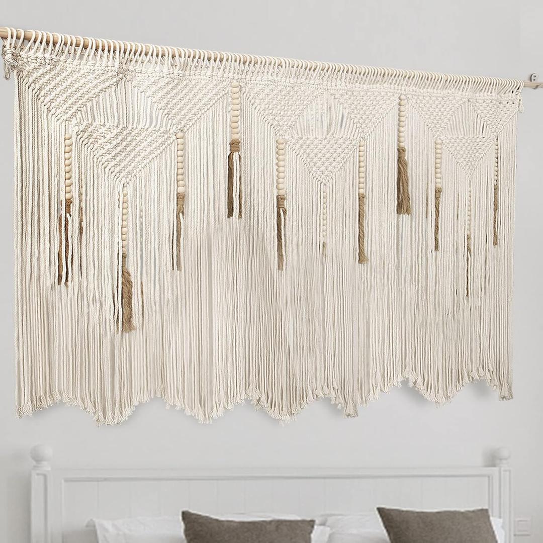 Extra Large Macrame Wall Hanging 70.8"  39" Boho Tapestry Woven Decor- Cotton Tassel Curtain Beige Chic Bohemian Wall Art for Home Living Room Bedroom Dorm Wedding (Includes Rod)