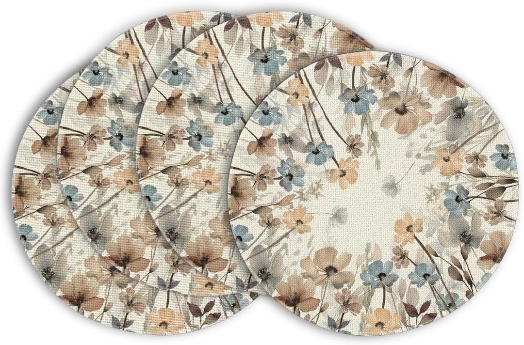 Artoid Mode Brown Poppy Floral Leaves Round Placemats Set of 4,15 Inch Seasonal Summer Table Mats for Party Kitchen Dining Decoration