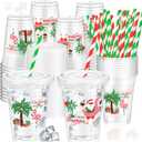 Domensi 50 Pcs Christmas Party Table Decoration July 12 oz Disposable Plastic Cups with Lids and Straws Christmas Cups Clear Summer Party Supplies Tableware for Tropical Cold Beverage Drinking Ice Tea, Flamingo Red