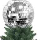 APUDWN 6 Inch Disco Ball Christmas Tree Topper, Retro Silver Reflective Disco Ornaments, Sparkling Mirror Ball Xmas Tree Topper for 70s Theme Party Home Wedding Indoor Outdoor Birthday Holiday Decor