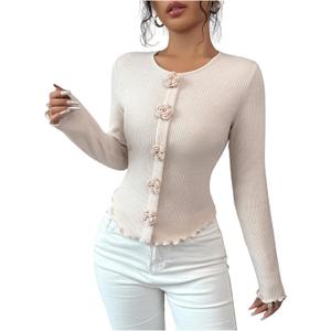 Women's Floral Applique Ribbed Knit T Shirt Long Sleeve Crewneck Slim Fit Lettuce Trim Elegant Top (S)